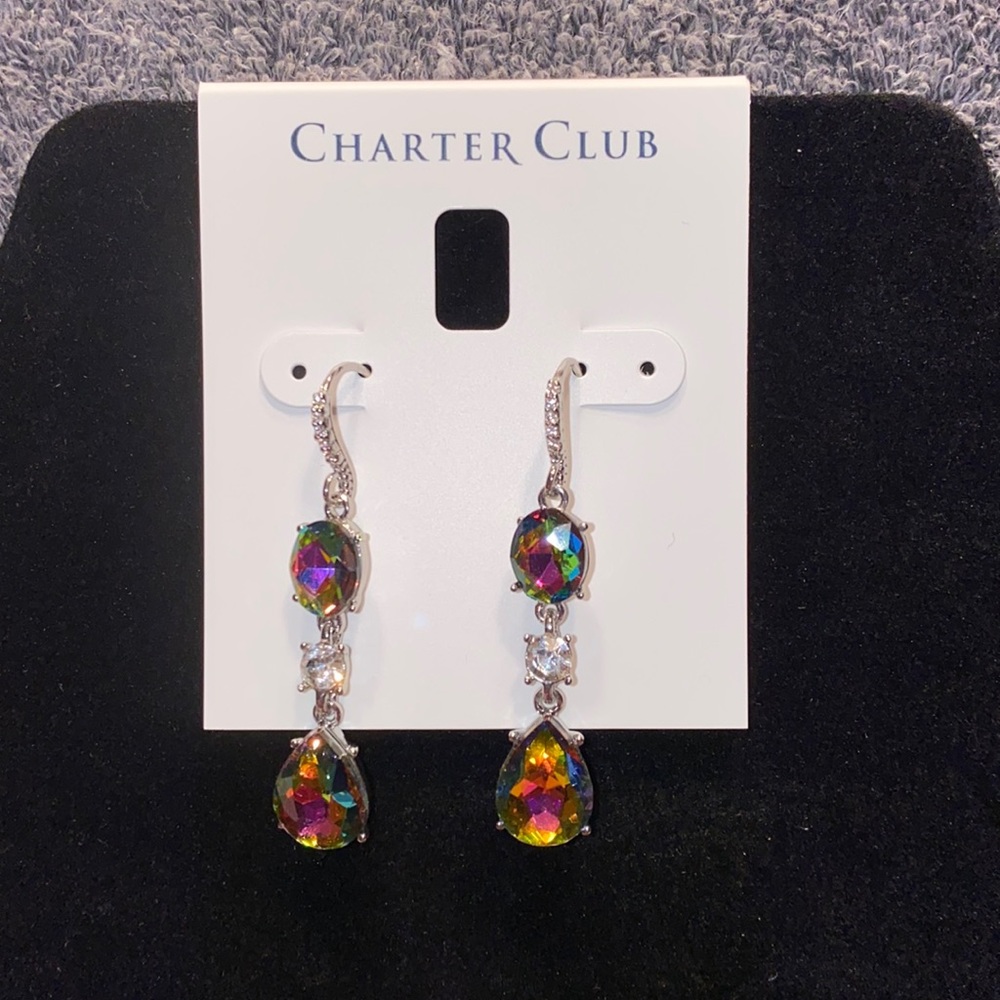 NWT Silver-Tone Crystal & Stone Triple Drop Earrings. CHARTER CLUB